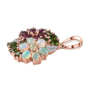 Orissa Rhodolite Garnet and Multi Gemstone Floral Bouquet Pendant in Vermeil Rose Gold Over Sterling Silver 3.35 ctw