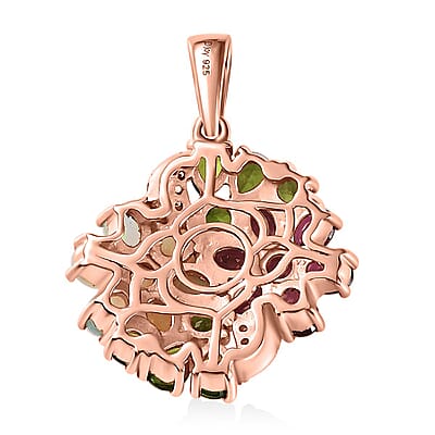 Orissa Rhodolite Garnet and Multi Gemstone Floral Bouquet Pendant in Vermeil Rose Gold Over Sterling Silver 3.35 ctw