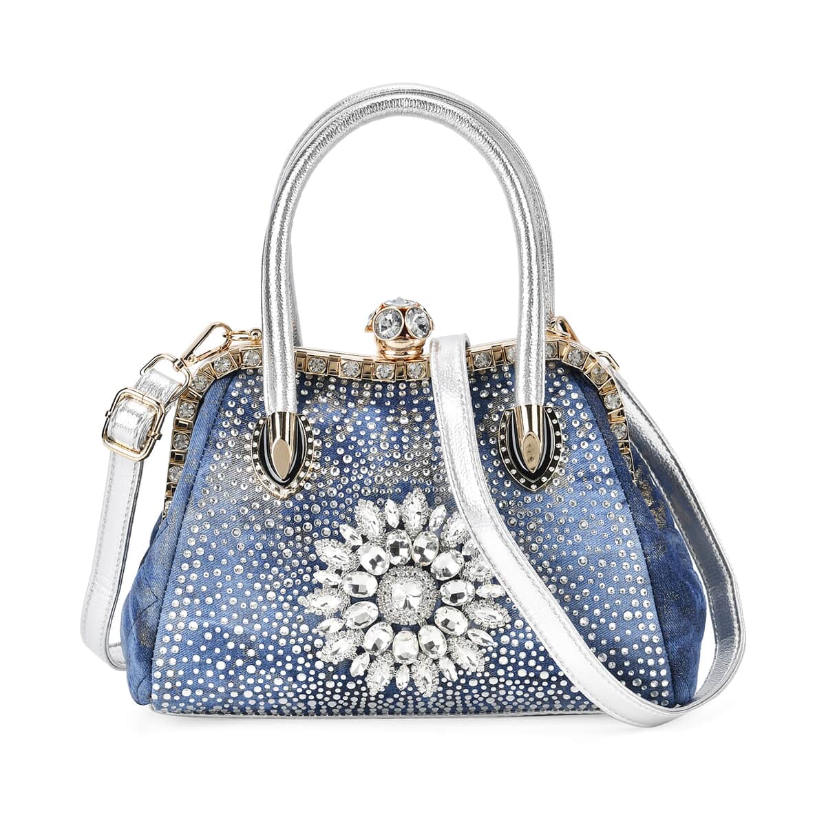 Blue Sparkling Crystal Flower Crossbody Bag (11"x5.5"x7.9") with Handle Drop and Shoulder Strap 47" image number 0