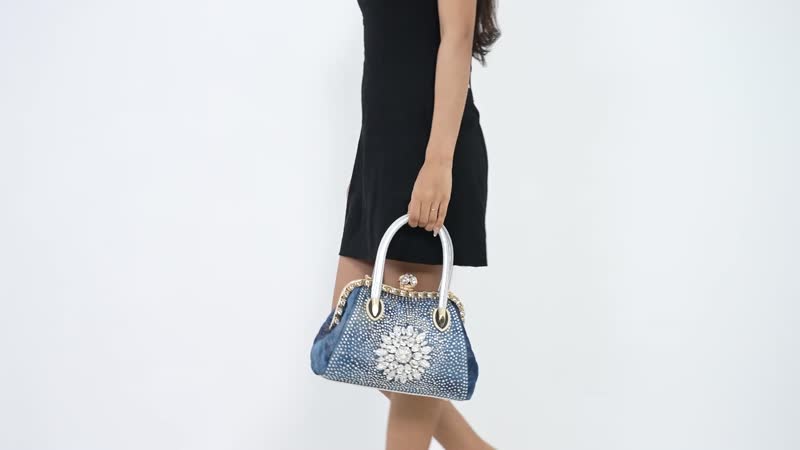 Blue Sparkling Crystal Flower Crossbody Bag (11"x5.5"x7.9") with Handle Drop and Shoulder Strap 47"