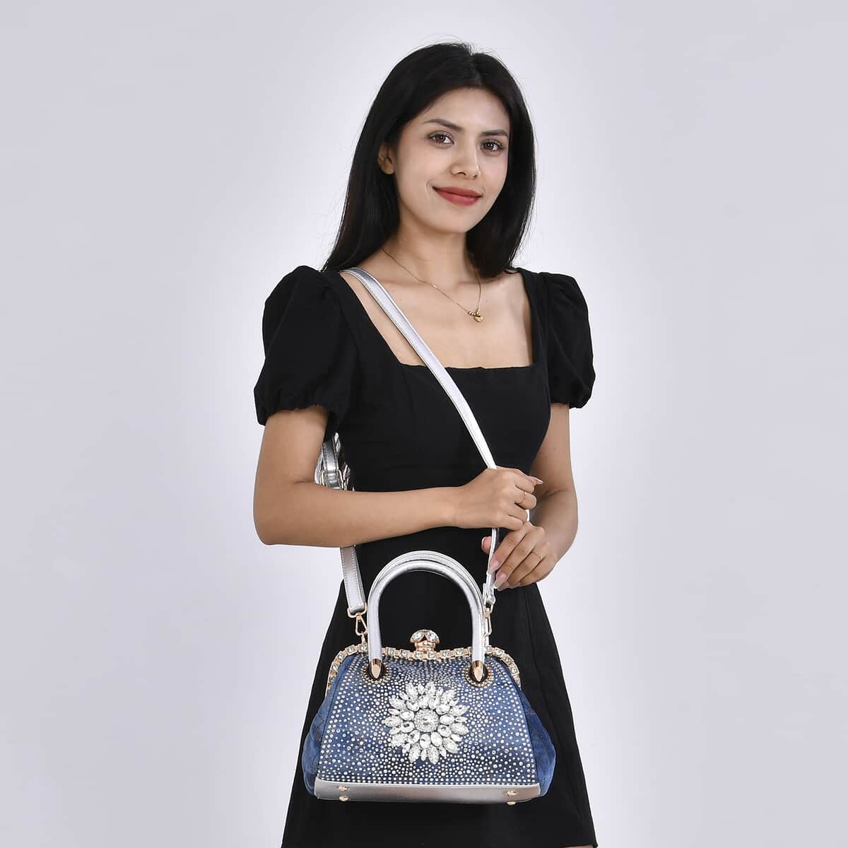 Blue Sparkling Crystal Flower Crossbody Bag (11"x5.5"x7.9") with Handle Drop and Shoulder Strap 47" image number 1