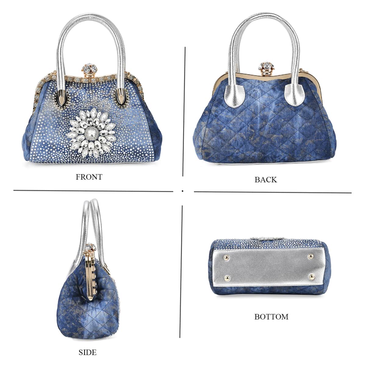 Blue Sparkling Crystal Flower Crossbody Bag (11"x5.5"x7.9") with Handle Drop and Shoulder Strap 47" image number 3