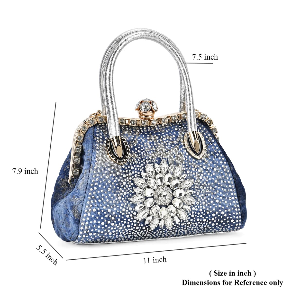 Blue Sparkling Crystal Flower Crossbody Bag (11"x5.5"x7.9") with Handle Drop and Shoulder Strap 47" image number 5