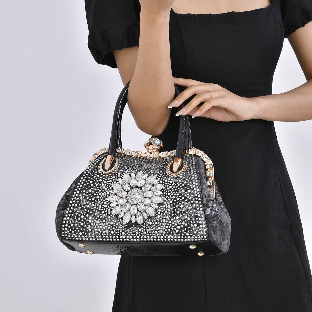 Black Sparkling Crystal Flower Crossbody Bag with Handle Drop and Shoulder Strap image number 2