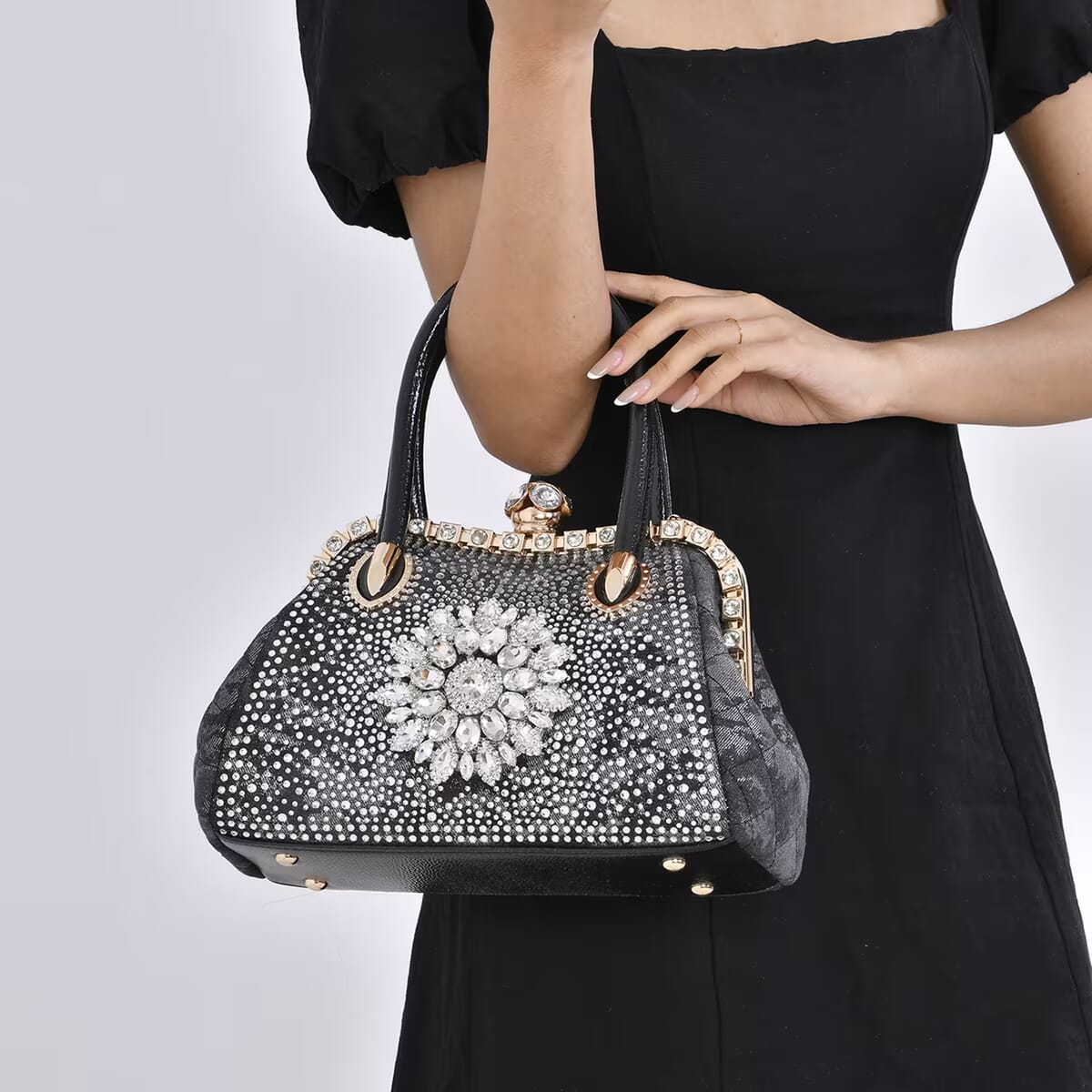 Black Sparkling Crystal Flower Crossbody Bag with Handle Drop and Shoulder Strap image number 6