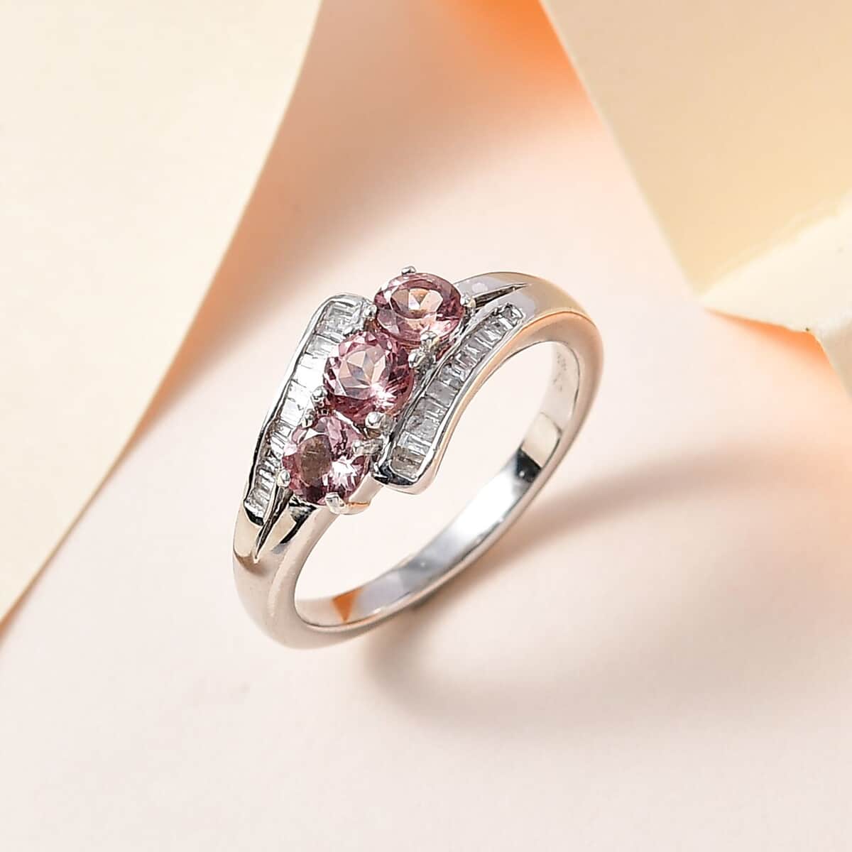 Blush Apatite, Diamond (0.18 cts) Ring in Platinum Over Sterling Silver (Size 7.0) 1.10 ctw image number 1