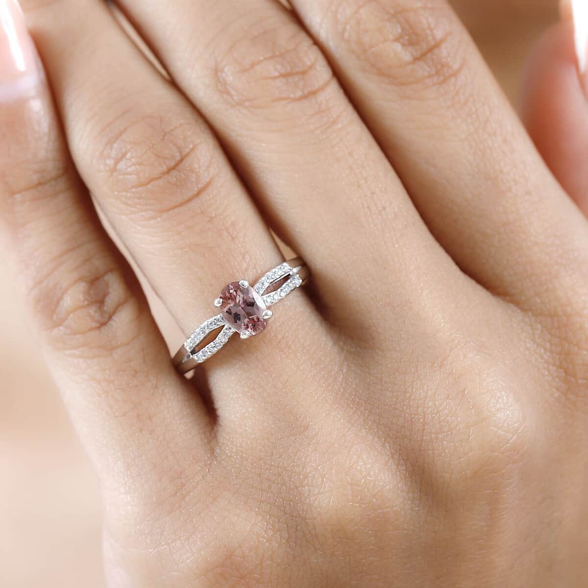Blush Apatite and Moissanite Ring in Platinum Over Sterling Silver (Size 5.0) 0.90 ctw image number 2