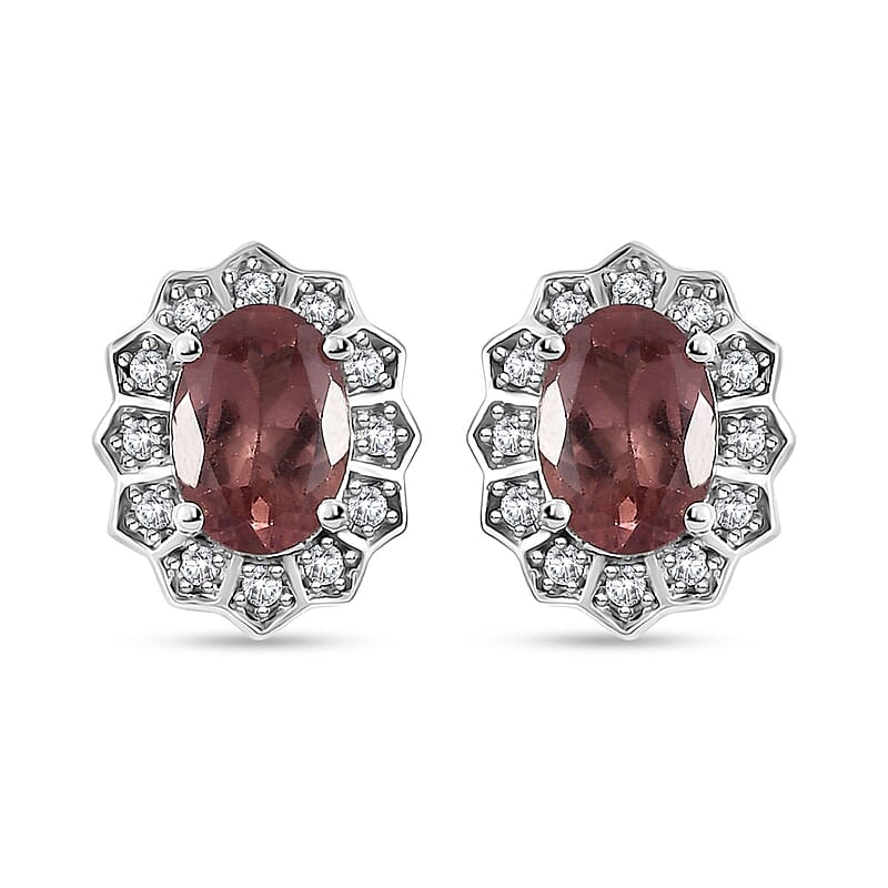Blush Apatite and Moissanite Halo Stud Earrings in Platinum Over Sterling Silver 1.75 ctw