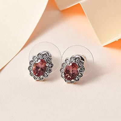 Blush Apatite and Moissanite Halo Stud Earrings in Platinum Over Sterling Silver 1.75 ctw