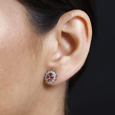 Blush Apatite and Moissanite Halo Stud Earrings in Platinum Over Sterling Silver 1.75 ctw