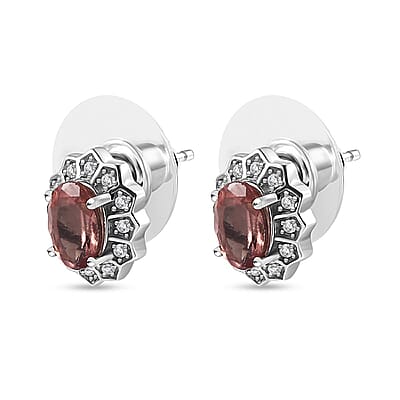 Blush Apatite and Moissanite Halo Stud Earrings in Platinum Over Sterling Silver 1.75 ctw