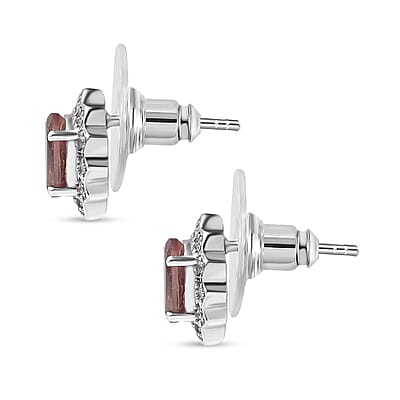 Blush Apatite and Moissanite Halo Stud Earrings in Platinum Over Sterling Silver 1.75 ctw
