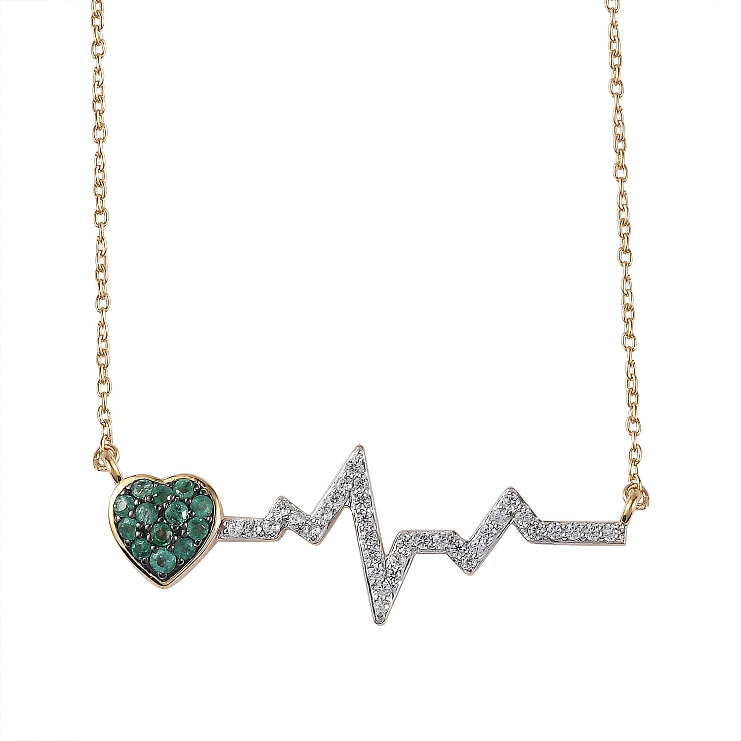 Premium Kagem Zambian Emerald and White Zircon 0.60 ctw Necklace in 18K Vermeil Yellow Gold Over Sterling Silver 20 Inches