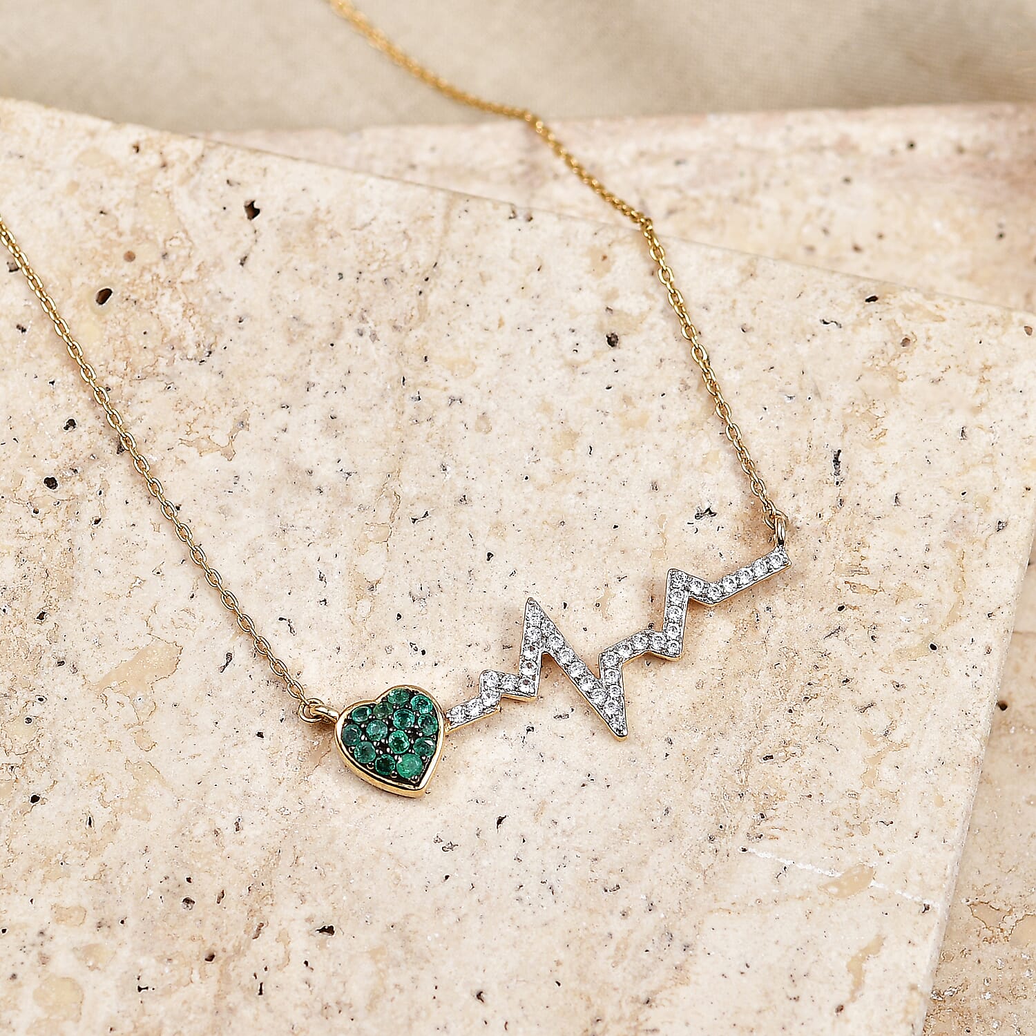 Premium Kagem Zambian Emerald and White Zircon 0.60 ctw Necklace in 18K Vermeil Yellow Gold Over Sterling Silver 20 Inches