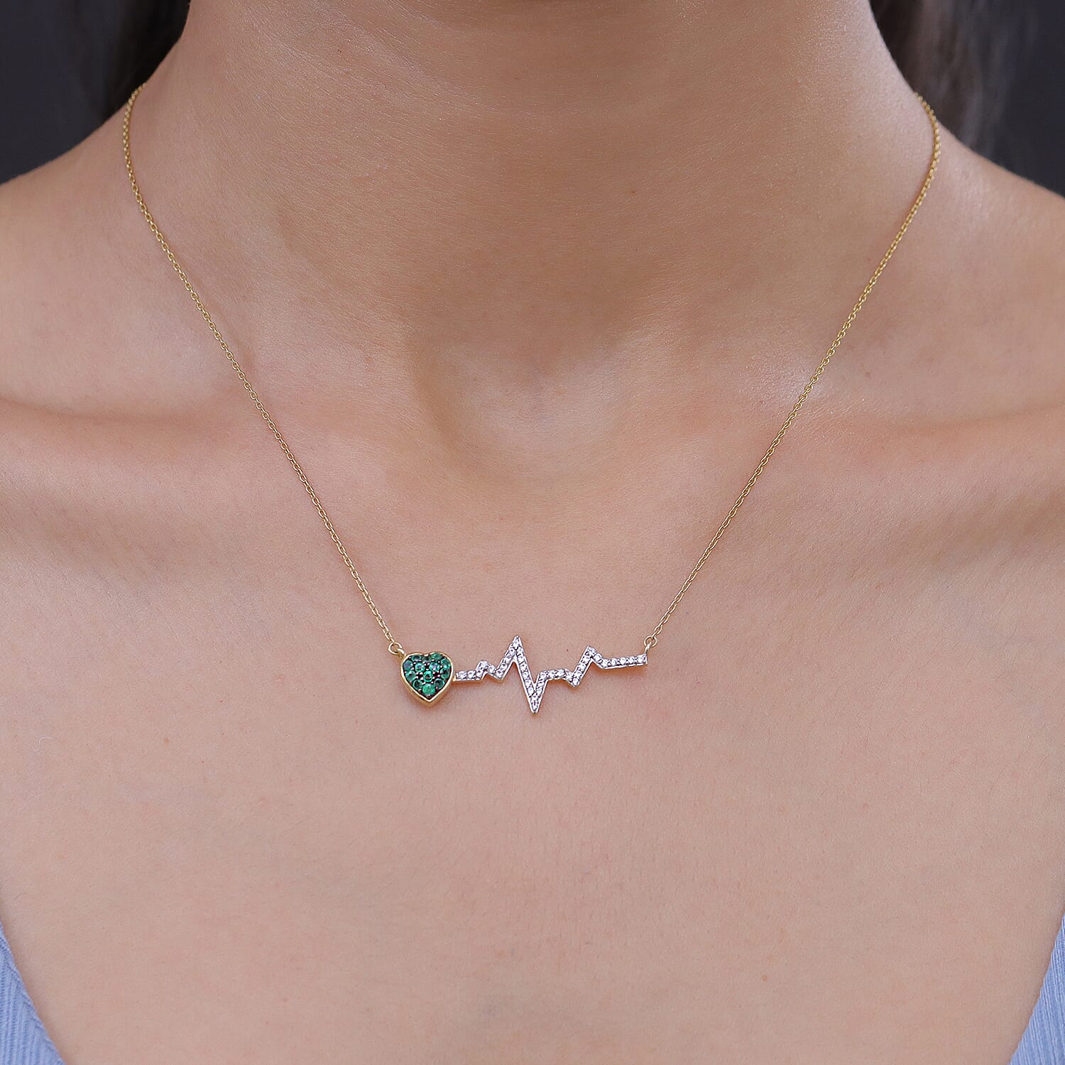 Premium Kagem Zambian Emerald and White Zircon 0.60 ctw Necklace in 18K Vermeil Yellow Gold Over Sterling Silver 20 Inches