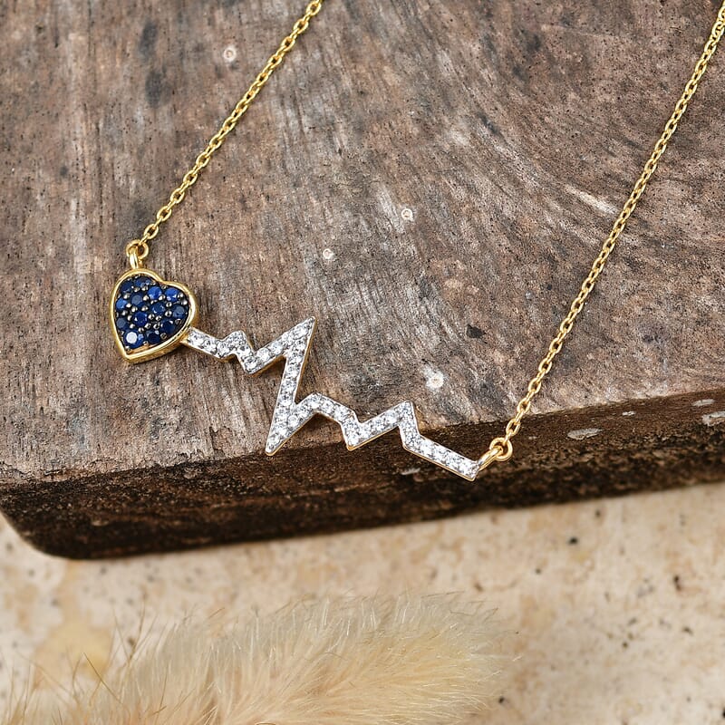 Premium Kanchanaburi Blue Sapphire and White Zircon 0.60 ctw Necklace in 18K Vermeil Yellow Gold Over Sterling Silver 20 Inches
