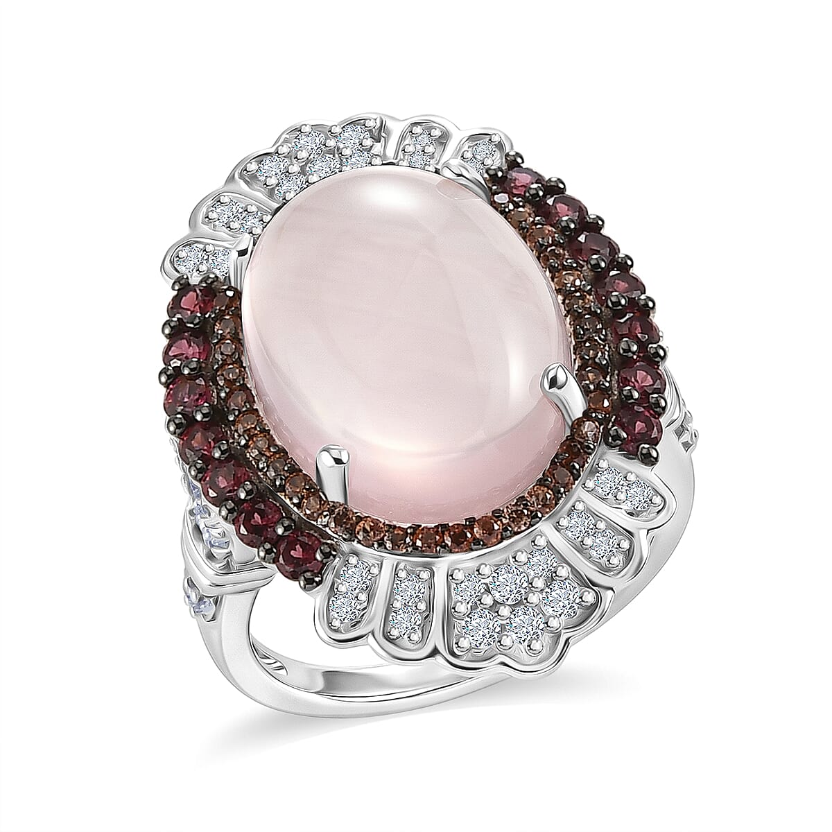 Galilea Rose Quartz and Multi Gemstone 11.10 ctw Ring in Rhodium Over Sterling Silver (Size 7.0)