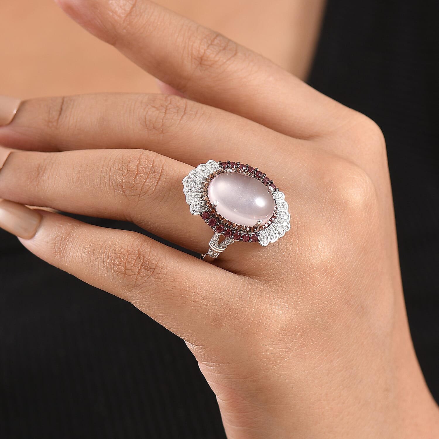 Galilea Rose Quartz and Multi Gemstone 11.10 ctw Ring in Rhodium Over Sterling Silver (Size 7.0)