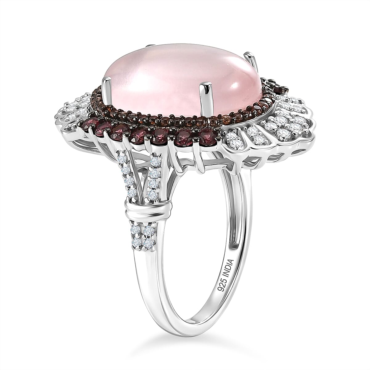 Galilea Rose Quartz and Multi Gemstone 11.10 ctw Ring in Rhodium Over Sterling Silver (Size 7.0)