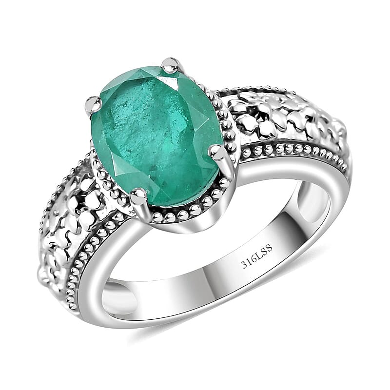 Emeraldine Quartz (Triplet) Solitaire Ring in Stainless Steel (Size 10.0) 3.10 ctw