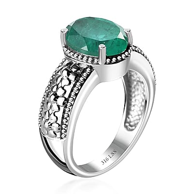 Emeraldine Quartz (Triplet) Solitaire Ring in Stainless Steel (Size 10.0) 3.10 ctw