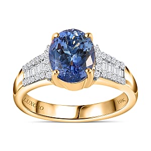 Luxoro 10K Yellow Gold Premium Peacock Tanzanite and Diamond G-H I2 Ring (Size 7.0) 4 Grams 2.85 ctw