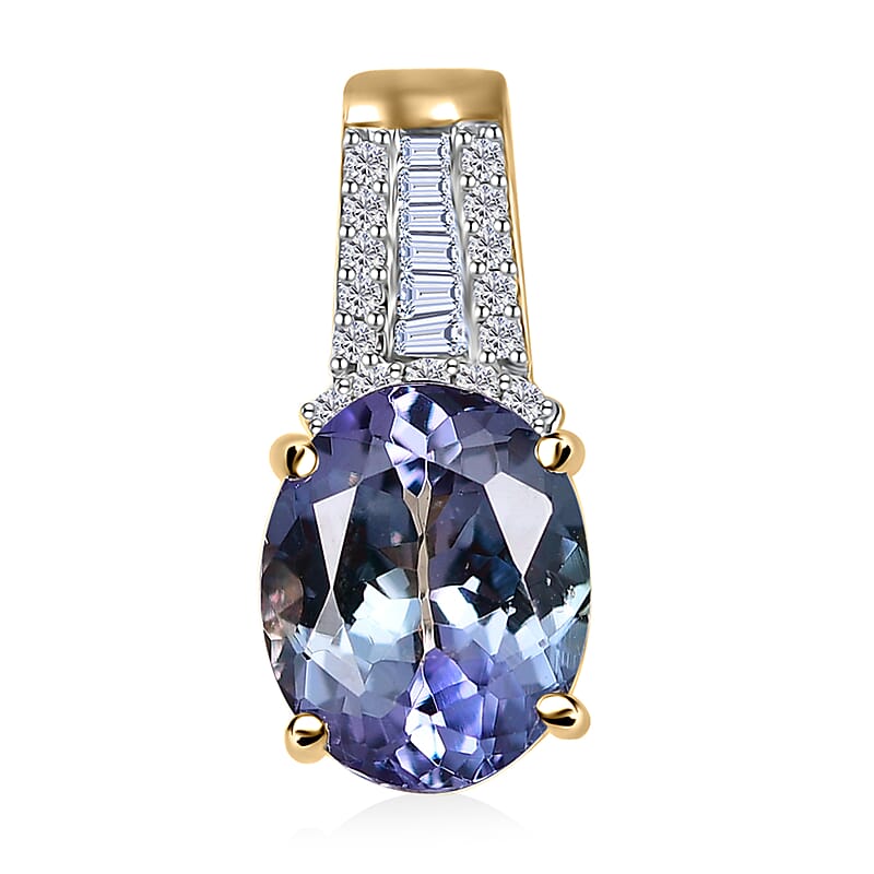 Luxoro 10K Yellow Gold Premium Peacock Tanzanite and G-H I2 Diamond Pendant 2.75 ctw With Free Tanzanite Book 