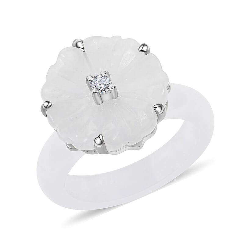 Natural Jade Carved and Moissanite Ring in Platinum Over Sterling Silver (Size 10.0) 21.20 ctw