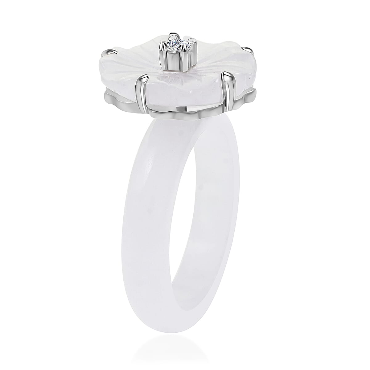 Natural Jade Carved, Moissanite Floral Ring in Platinum Over Sterling Silver (Size 10.0) (Del. in 8-10 Days) 21.20 ctw image number 3