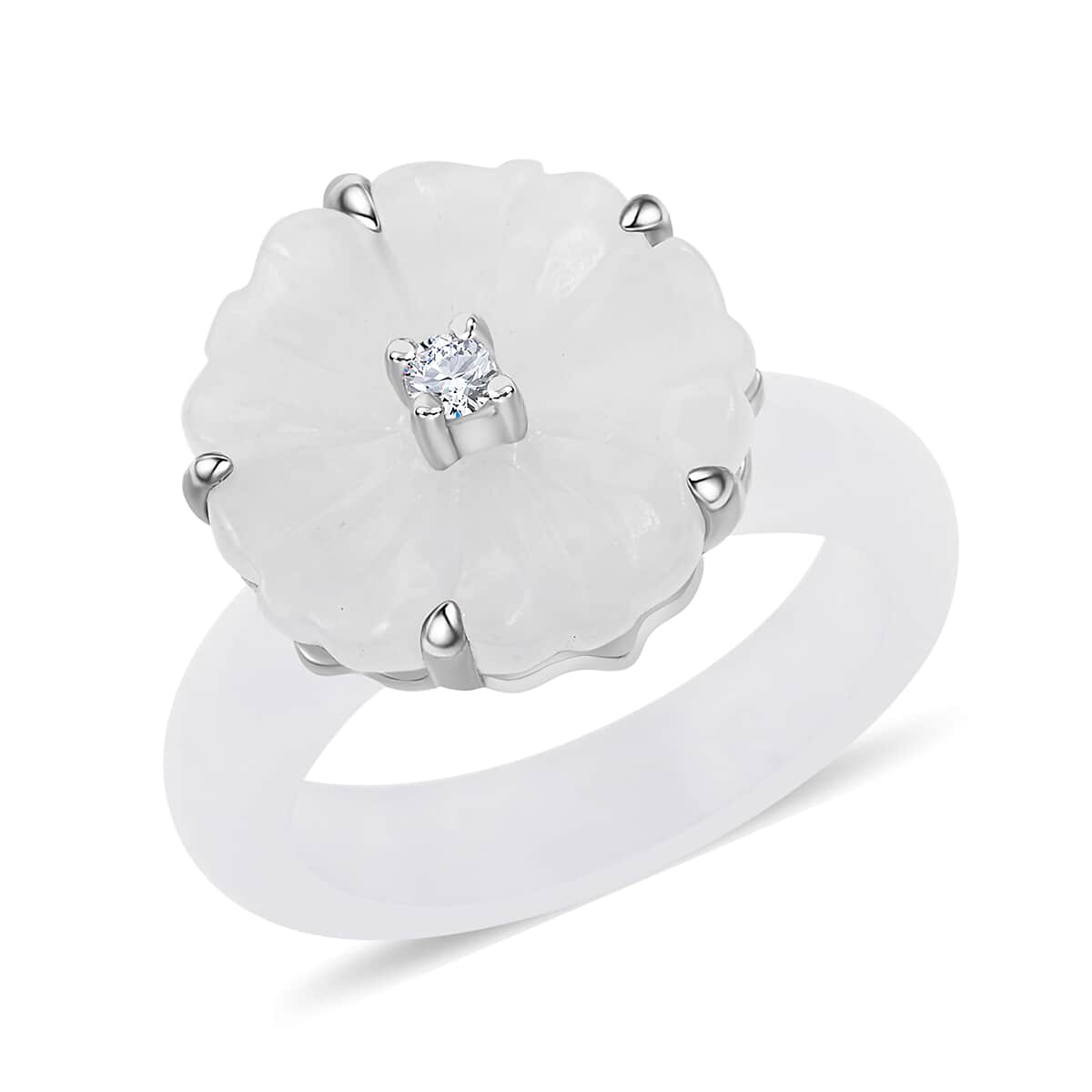 Natural Jade Carved and Moissanite Ring in Platinum Over Sterling Silver (Size 7.0) 21.20 ctw image number 0