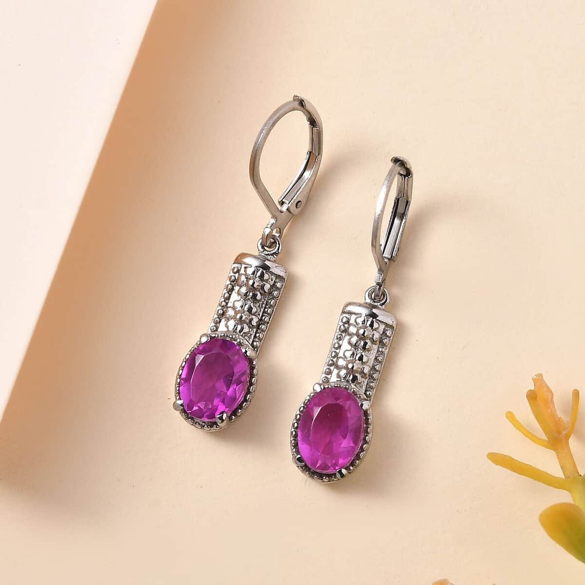 Radiant Orchid Quartz (Triplet) Lever Back Earrings in Stainless Steel 2.90 ctw image number 1