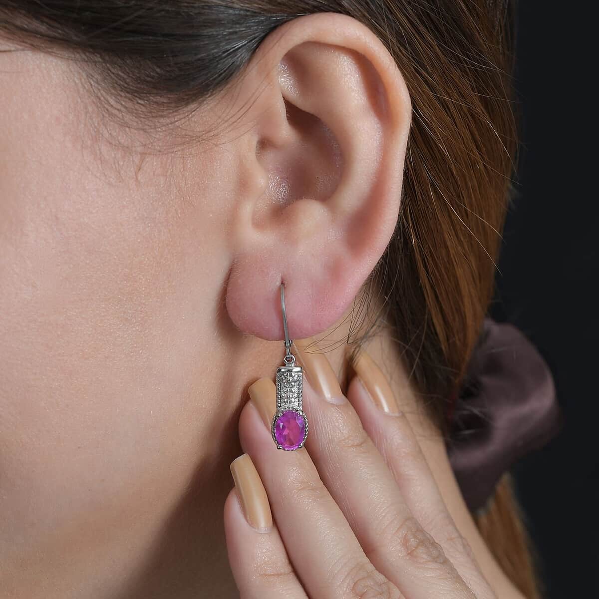 Radiant Orchid Quartz (Triplet) Lever Back Earrings in Stainless Steel 2.90 ctw image number 2