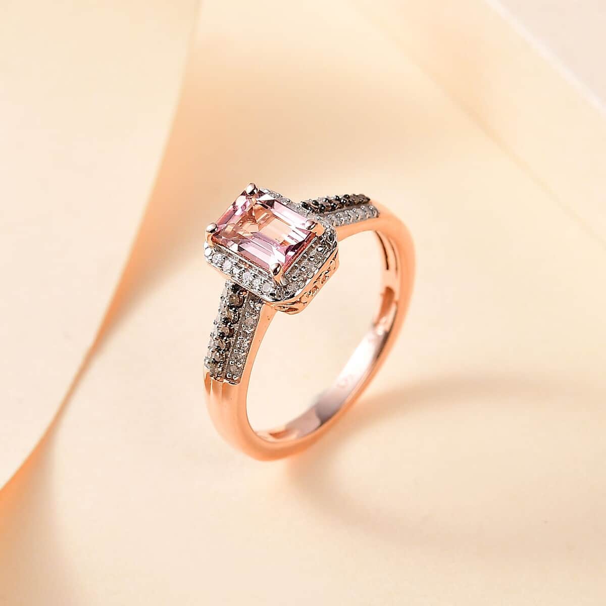 Premium Blush Tourmaline, Natural Champagne and White Diamond Halo Ring in Vermeil Rose Gold Over Sterling Silver (Size 10.0) 1.30 ctw image number 1