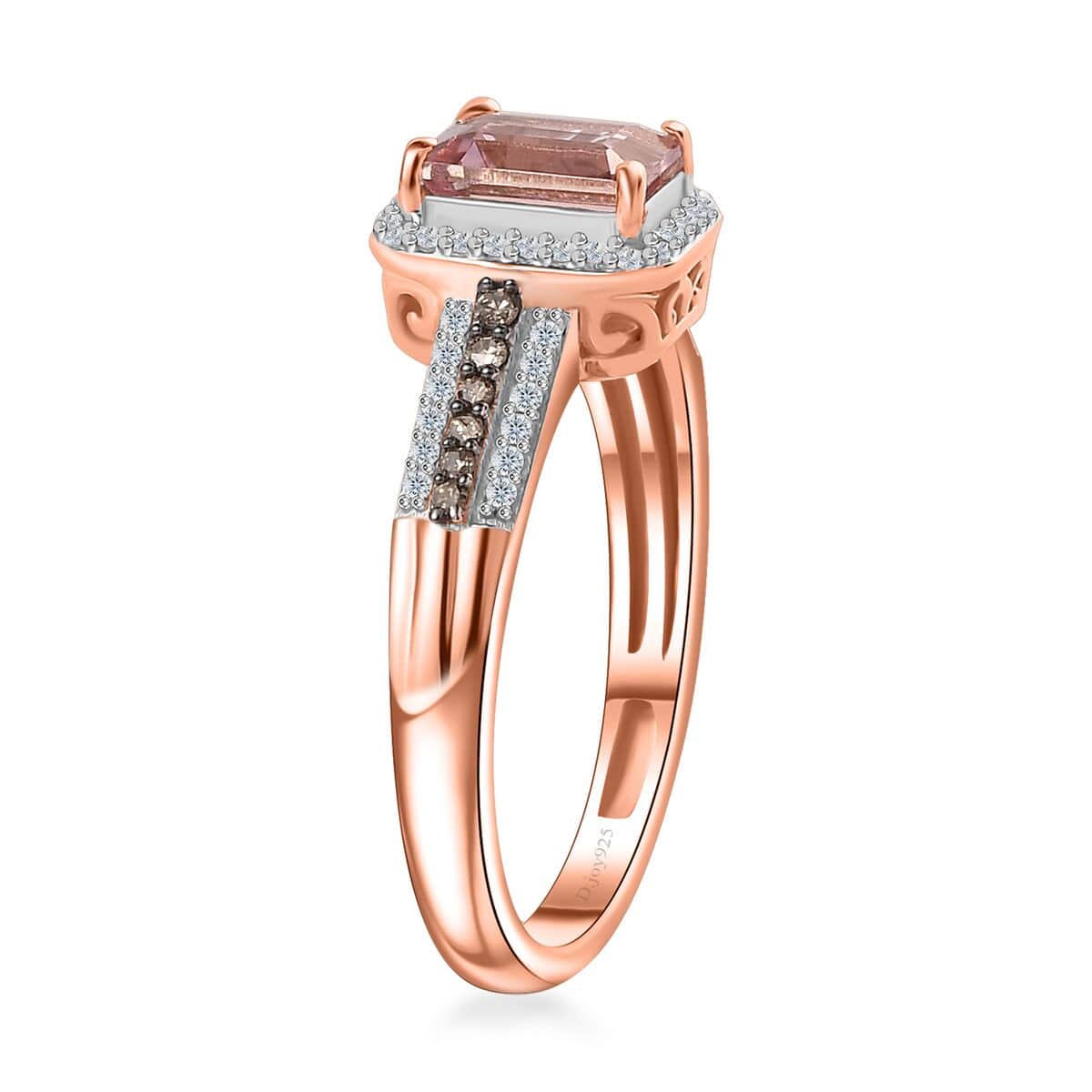 Premium Blush Tourmaline, Natural Champagne and White Diamond Halo Ring in Vermeil Rose Gold Over Sterling Silver (Size 6.0) 1.30 ctw image number 3