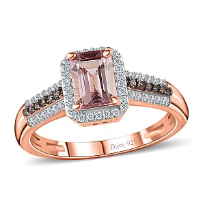 Premium Blush Tourmaline, Natural Champagne and White Diamond Halo Ring in Vermeil Rose Gold Over Sterling Silver (Size 8.0) 1.30 ctw