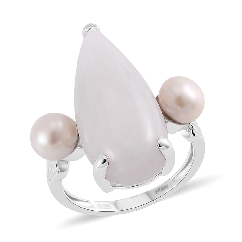 Natural Jade and Freshwater Pearl Ring in Platinum Over Sterling Silver (Size 10.0) 13.75 ctw