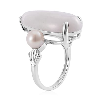 Natural Jade and Freshwater Pearl Ring in Platinum Over Sterling Silver (Size 10.0) 13.75 ctw
