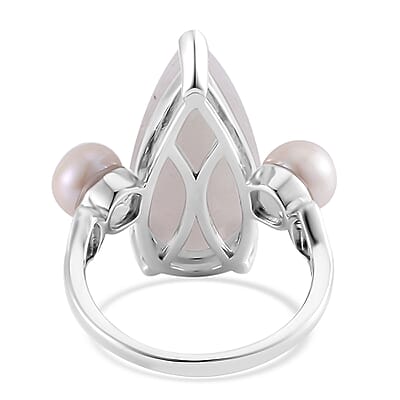 Natural Jade and Freshwater Pearl Ring in Platinum Over Sterling Silver (Size 10.0) 13.75 ctw