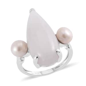 Natural Jade and Freshwater Pearl Ring in Platinum Over Sterling Silver (Size 8.0) 13.75 ctw