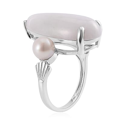 Natural Jade and Freshwater Pearl Ring in Platinum Over Sterling Silver (Size 8.0) 13.75 ctw