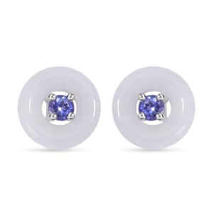 Natural Jade and Tanzanite Stud Earrings in Rhodium Over Sterling Silver 5.90 ctw