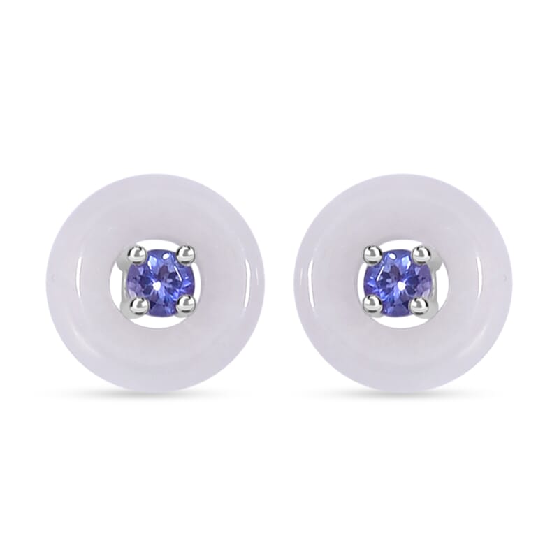 Natural Jade and Tanzanite Stud Earrings in Rhodium Over Sterling Silver 5.90 ctw