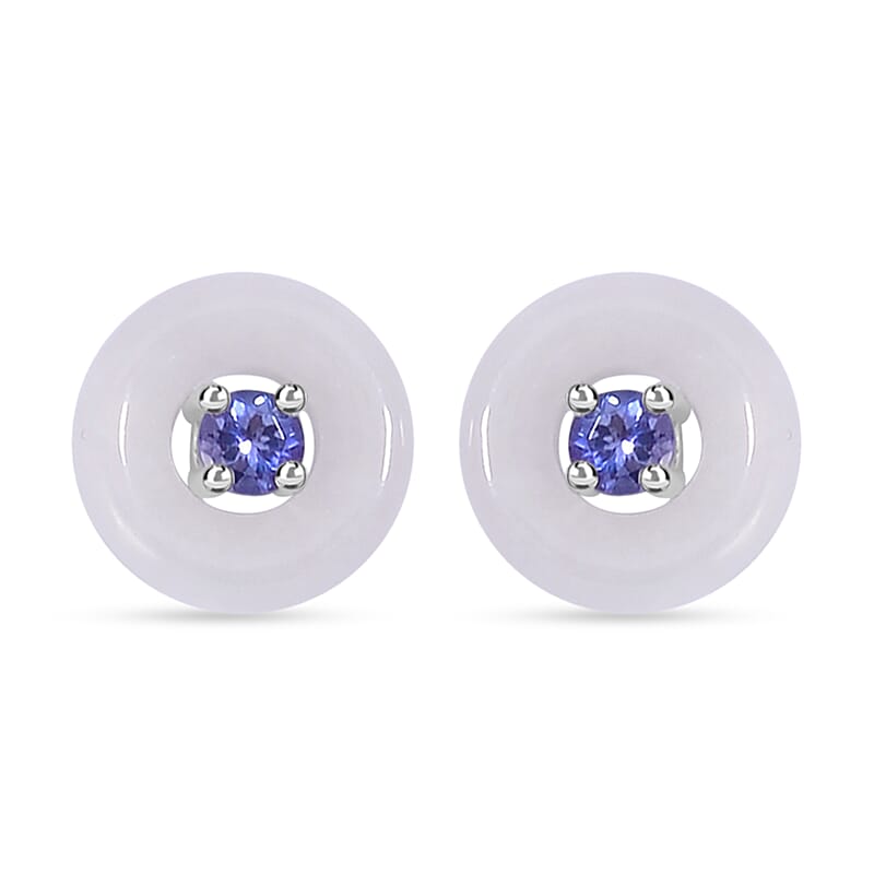 Natural Jade and Tanzanite Stud Earrings in Rhodium Over Sterling Silver 5.90 ctw
