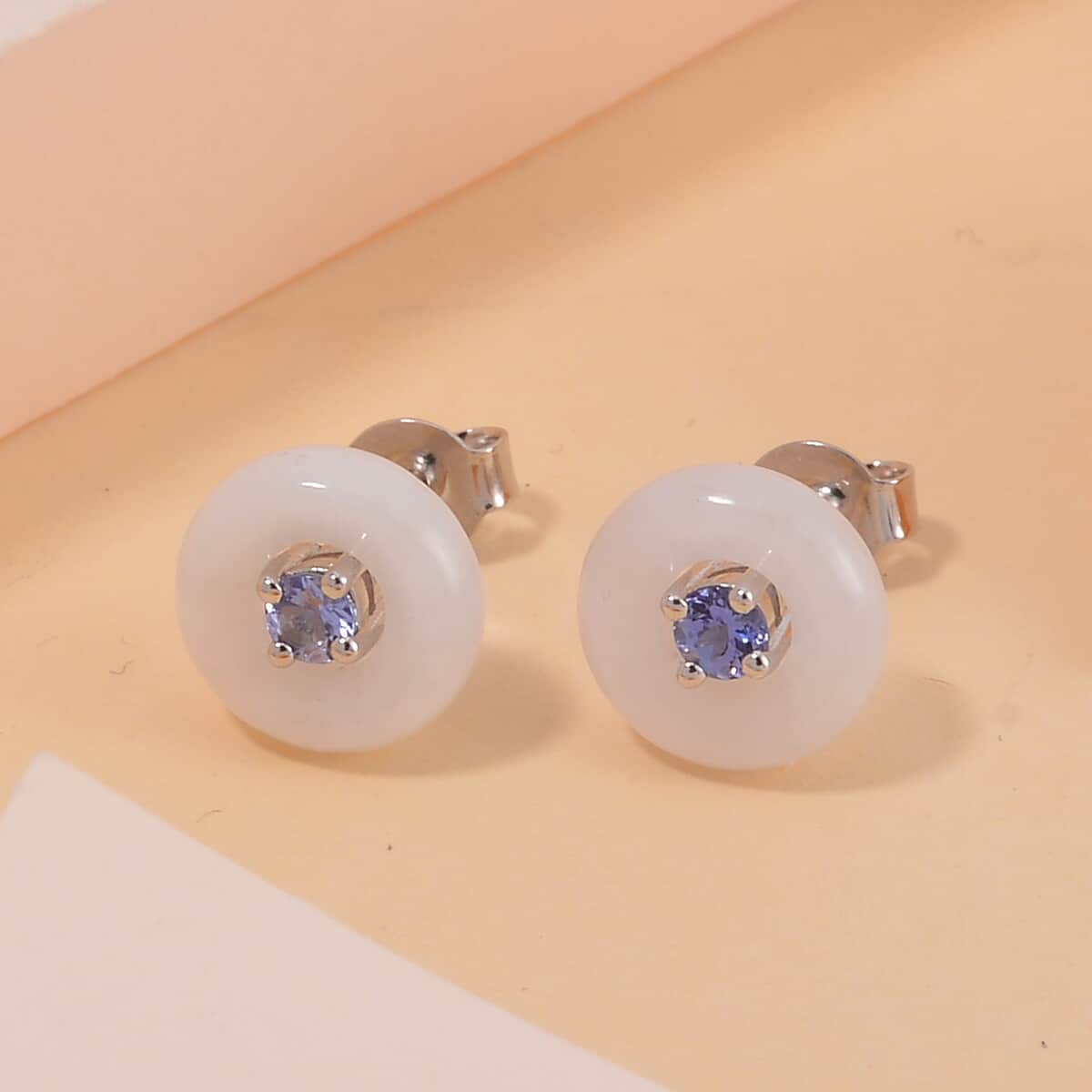 Natural Jade and Tanzanite Stud Earrings in Rhodium Over Sterling Silver 5.90 ctw image number 1