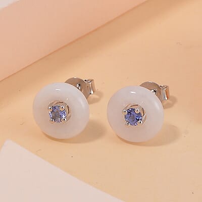 Natural Jade and Tanzanite Stud Earrings in Rhodium Over Sterling Silver 5.90 ctw
