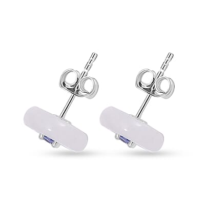 Natural Jade and Tanzanite Stud Earrings in Rhodium Over Sterling Silver 5.90 ctw