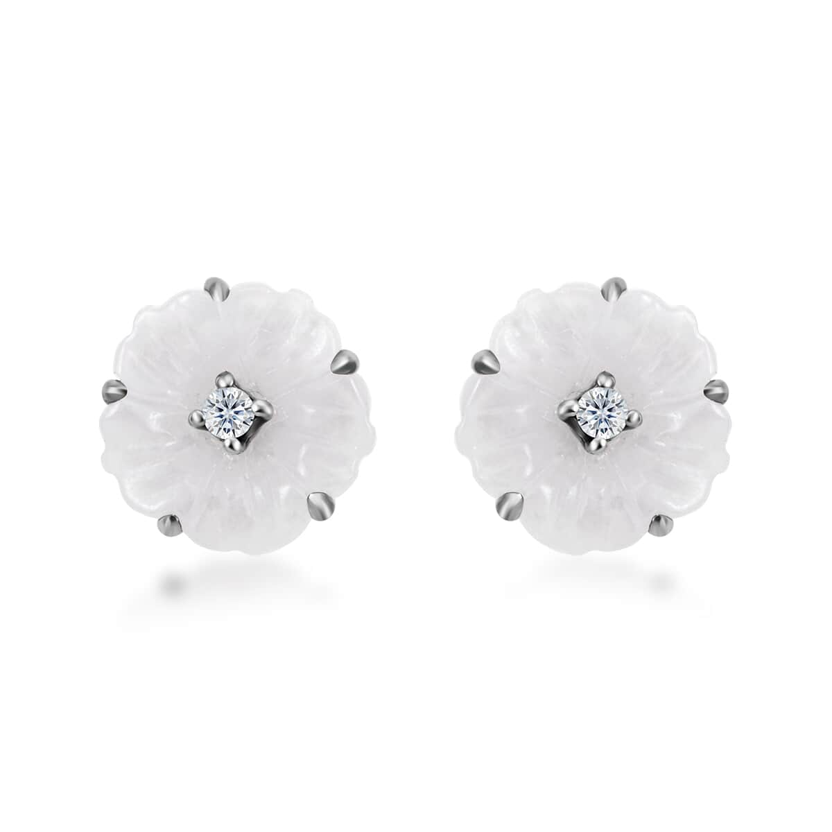 Natural Jade Carved and Moissanite Floral Earrings in Platinum Over Sterling Silver 8.25 ctw image number 0