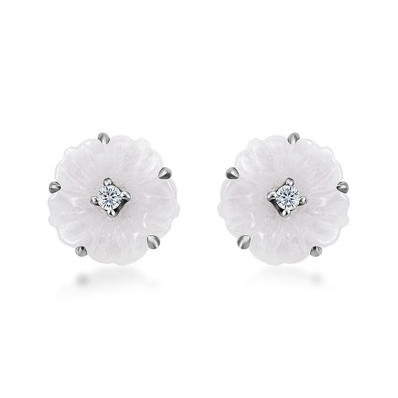 Natural Jade Carved and Moissanite Floral Earrings in Platinum Over Sterling Silver 8.25 ctw