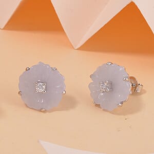 Natural Jade Carved and Moissanite Floral Earrings in Platinum Over Sterling Silver 8.25 ctw