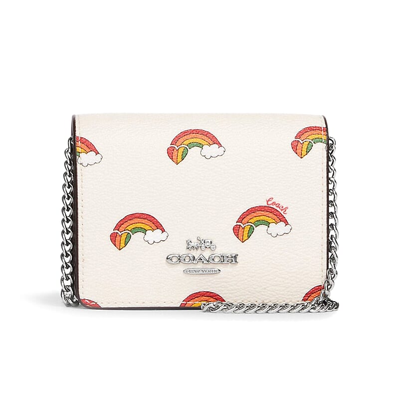 Coach Multi Color Rainbow Print Canvas & Leather Mini Wallet On A Chain
